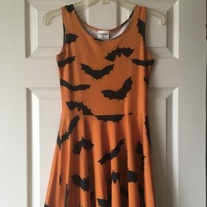 Bat Print Orange and Black Halloween Skater Dress